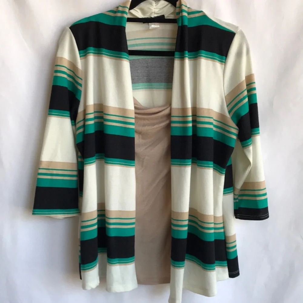 Beware! cream, black, tan, teal sweater w shell, L